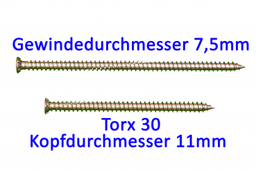 100 Rahmenschrauben Fensterrahmenschraube Senkkopf 7,5 x 182mm (für Kunststoff-Profile)